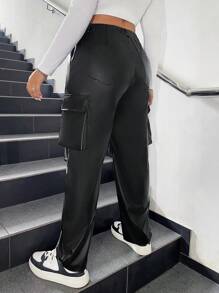 SHEIN EZwear 大碼側翻蓋口袋工裝褲 - 黑色 - 查看 2