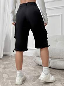SHEIN Unity 翻蓋口袋抽繩下擺工裝短褲 - 黑色 - 查看 2