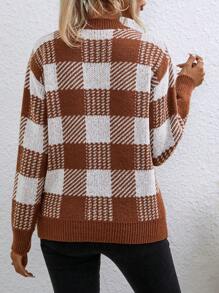 SHEIN Essnce Hoa văn kẻ sọc Thả vai Áo len - Cà phê nâu - Xem 2