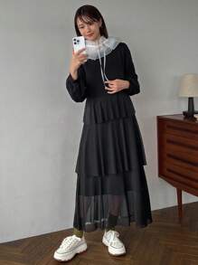 FRIFUL Solid Ruffle Hem Dress,Fall Clothes Long Sleeve Dress Maxi Dress - Black - View 4