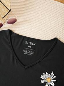 INAWLY Áo thun Plus size Hoa Lá thư Giải trí - màu đen - Xem 5