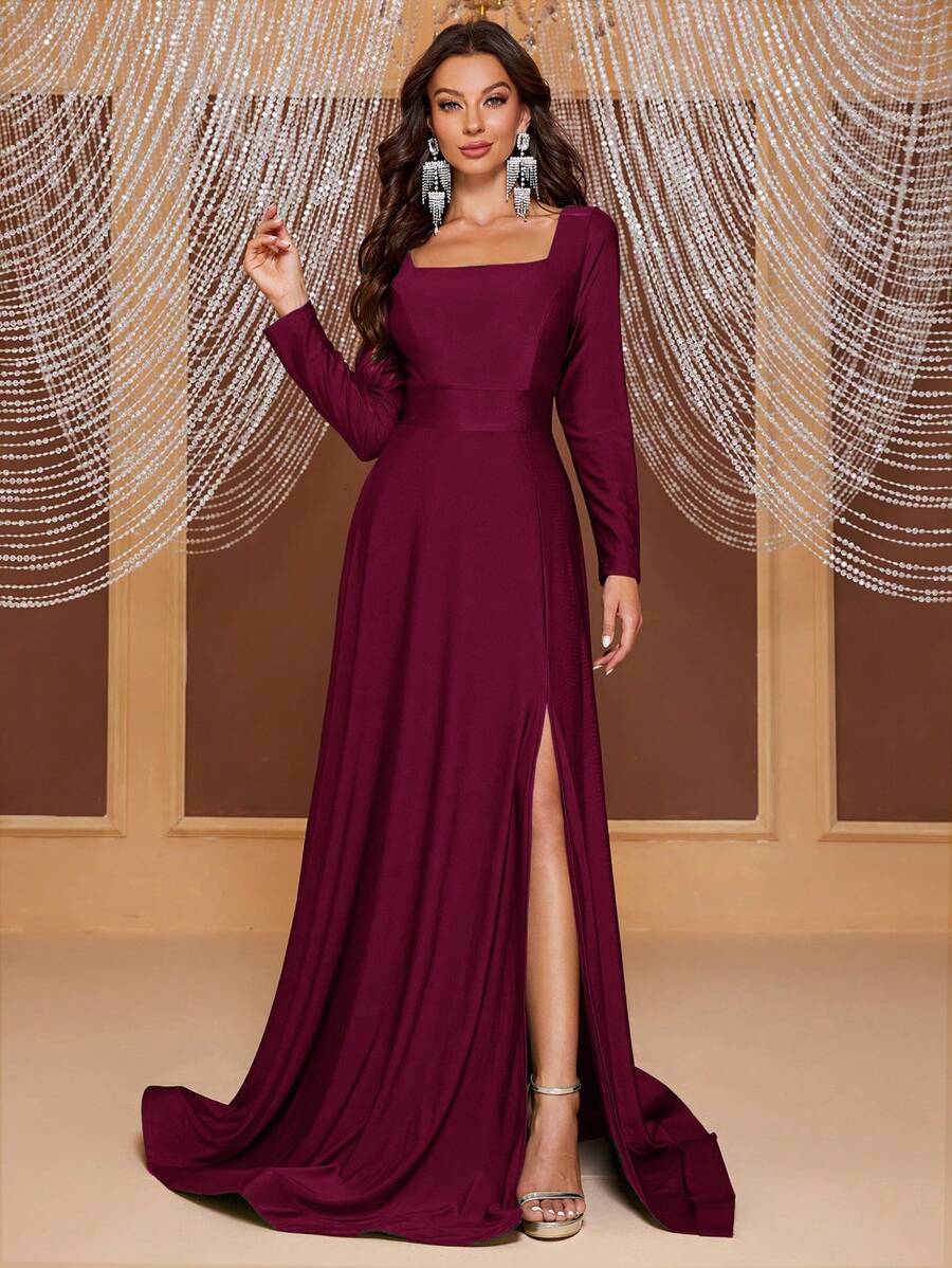 YISIKADO Square Neck Split Thigh Dress - Burgundy - View 1