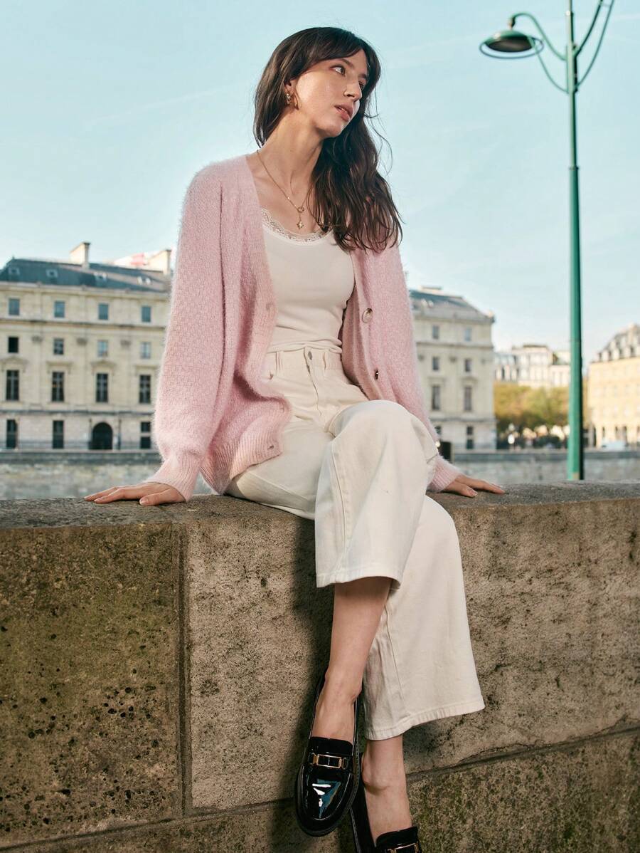SHEIN Frenchy Solid Button Front Cardigan - Baby Pink - View 1