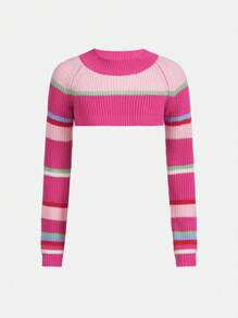 Teen Girl Striped Pattern Raglan Sleeve Crop Sweater - Multicolor - View 1