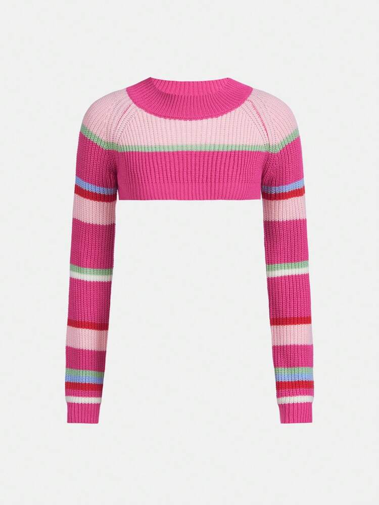 Teen Girl Striped Pattern Raglan Sleeve Crop Sweater