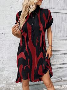 SHEIN LUNE Graphic Print Batwing Sleeve High Low Hem Shirt Dress - Rose Red - View 5