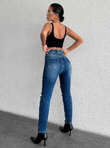 EURMUSE High Waist Ripped Raw Hem Skinny Jeans - Blue - View 2