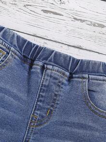 SHEIN 年輕女孩的牛仔彈性褲,貓爪紋路設計,休閒寬鬆款式,有彈性的腰圍 - 中等水洗藍 - 查看 3