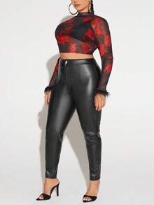 SHEIN SXY 加中國龍印花毛絨袖口短款網眼上衣（無胸罩） - 紅色 - 查看 5