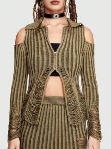 ROMWE Grunge Punk Striped Pattern Cold Shoulder Distressed Cardigan - Camel - View 6