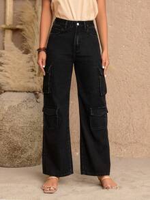 SHEIN LUNE High Waist Flap Pocket Side Cargo Jeans - Black - View 6