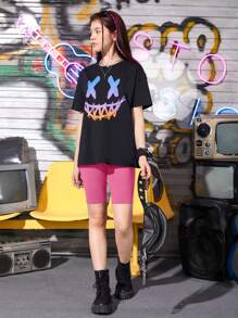 SHEIN 少女卡通圖案落肩 T 恤和機車短褲 - 玫紅色 - 查看 5