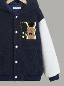 SHEIN Tween Boy Bear Embroidery Hooded Teddy Jacket Without Sweatshirt - Navy Blue - View 5