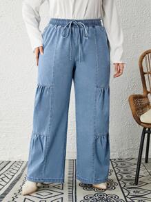 SHEIN LUNE Plus Drawstring Waist Ruched Wide Leg Jeans - Light Wash - View 1