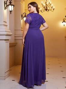 SHEIN Belle Plus Contrast Lace Belted Chiffon Dress - Mauve Purple - View 4