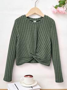 SHEIN Leap Crew 少女實色休閒長袖圓領扭結下擺t恤,適合春秋穿著 - 軍綠色 - 查看 1