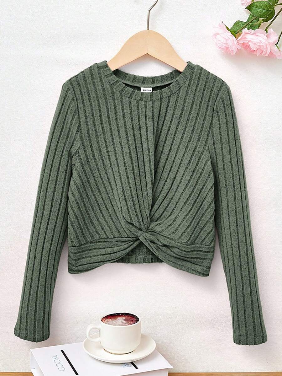 SHEIN Leap Crew 少女實色休閒長袖圓領扭結下擺t恤,適合春秋穿著 - 軍綠色 - 查看 1