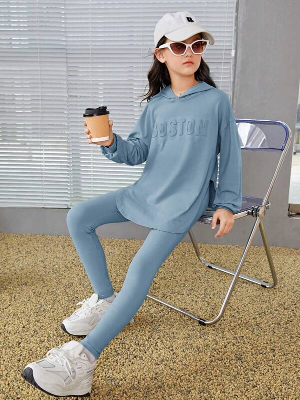 SHEIN Teenager Mädchen Leggings & Hoodie Buchstabe Prägung Drop Shoulder Schlitz am Saum