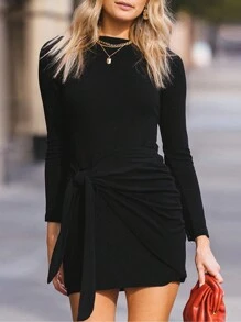 優雅褶邊 打結 交叉純色女士連衣裙 - 黑色 - 查看 1