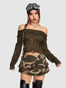 ROMWE Grunge Punk 挖肩折邊前套頭毛衣 - 橄欖綠 - 查看 5