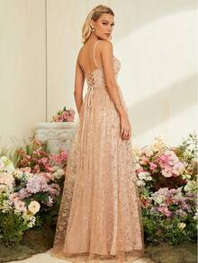 Sequin Decor Mesh Prom Dress - Champagne - View 2