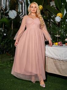 Simplee Plus Size Elegant & Romantic Solid Color Mesh Twist Ruffle Hem Dress, Long Party Gown, Wedding Guest Dress, Suitable For Valentine's Day