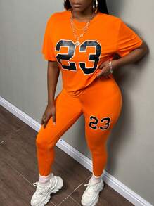 Slaydiva 熒光橙數字圖案落肩T恤&緊身打底褲