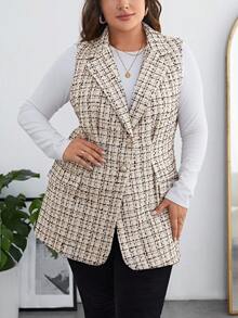 SHEIN Clasi Plus Flap Pocket Tweed Vest Blazer - Multicolor - View 6