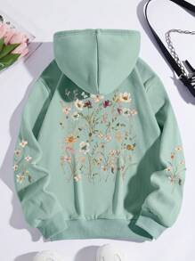 INAWLY Plus Floral Print  Pocket Drawstring Thermal Hoodie, Winter Fall Autumn - Green - View 1