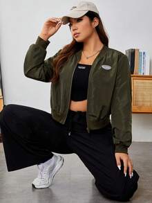 SHEIN EZwear 大碼字母補丁細節拉鏈開襟飛行員夾克 - 軍綠色 - 查看 3
