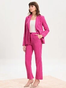 SHEIN BIZwear 翻領燈芯絨西裝外套和喇叭褲 - 粉色 - 查看 6