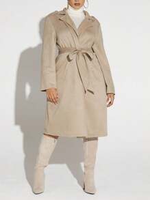 SHEIN SXY Plus Lapel Neck Open Front Coat - Khaki - View 5