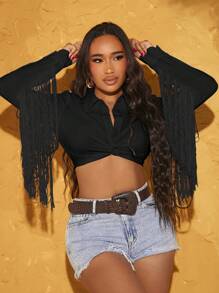 SHEIN SXY Camisa corta con botones y flecos, Blusas de manga larga - Negro - Ver 5