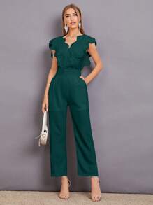 Mulvari 佩斯利提花蕾絲斜口袋連身褲 - 墨綠色 - 查看 1