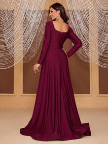 YISIKADO Square Neck Split Thigh Dress - Burgundy - View 2