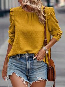 SHEIN LUNE Swiss Dot Button Back Ruffle Trim Blouse - Yellow - View 3