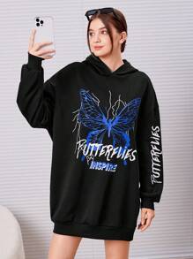 青少年女孩蝴蝶和字母圖案落肩袖連帽洋裝