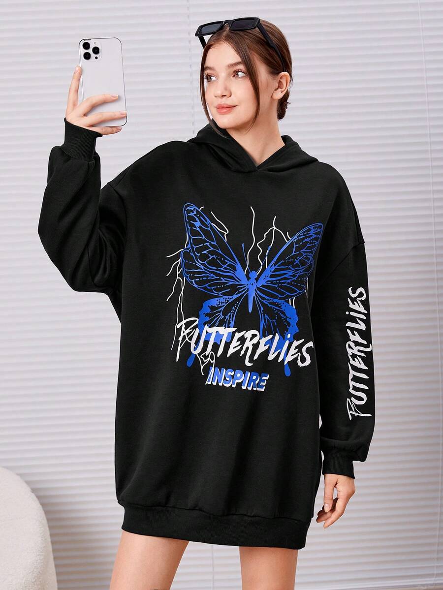 青少年女孩蝴蝶和字母圖案落肩袖連帽洋裝