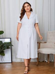 SHEIN Essnce Plus Lapel Neck Button Front Belted Shirt Dress - Beige - View 5