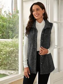 EMERY ROSE 補丁口袋前紐扣絨毛外套馬甲 - 深灰色 - 查看 1