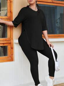 SHEIN EZwear Bộ thời trang Plus Size Gân đan màu trơn Giải trí - màu đen - Xem 4