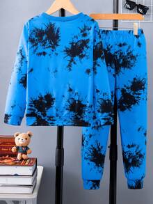 SHEIN Tween Boy Bear Print Tie Dye Pullover & Sweatpants - Blue - View 2