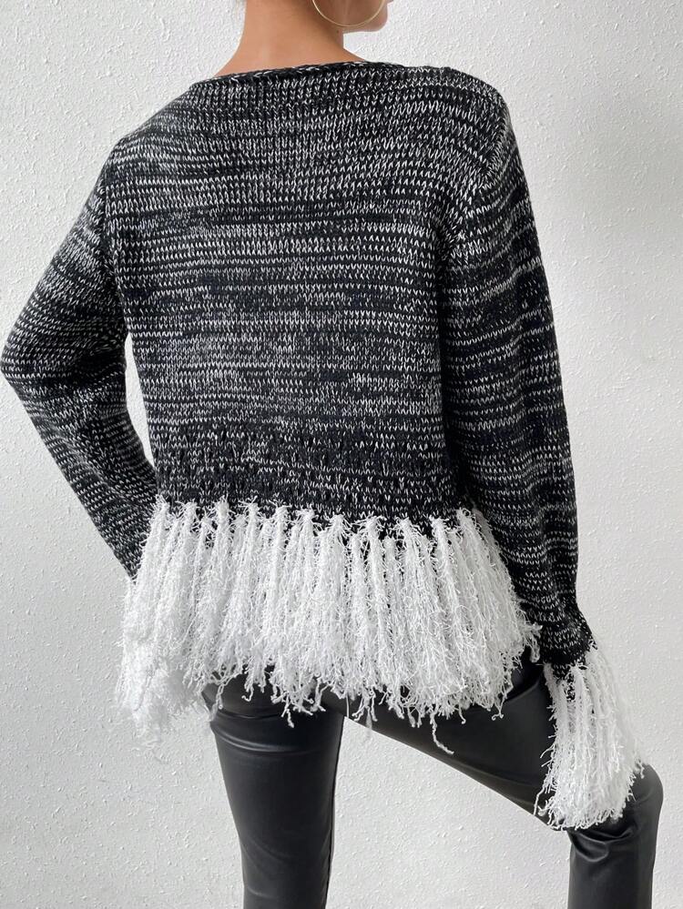 Space Dye Fringe Trim Knit Pullover Fall Winter Sweater