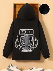 SHEIN 男大童反光熊和字母圖案連帽加絨內裏外套 - 黑色 - 查看 5