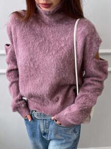 DAZY Cổ cao Cắt ra Thả vai Áo len - Màu Lilac Tím - Xem 3