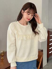 FRIFUL 撞色蕾絲荷葉邊落肩套頭衫 - 米色 - 查看 5