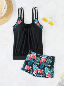 Swim Lushoire Summer Beach Tropical Print Shorts Tankini - Black - View 6
