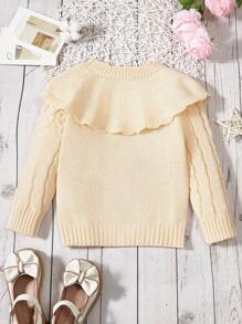 SHEIN Young Girl Floral Embroidery Statement Collar Cable Knit Sweater - Apricot - View 2