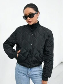 SHEIN Essnce Casual Plain Color Short Padded Padded Coat, Winter Clothes - Black - View 3