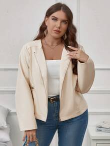 SHEIN Clasi 大碼拉鏈開襟PU皮革夾克 - 米色 - 查看 4